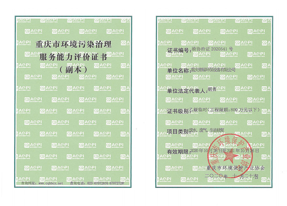 重慶市環境污染治理能力服務評價證書
